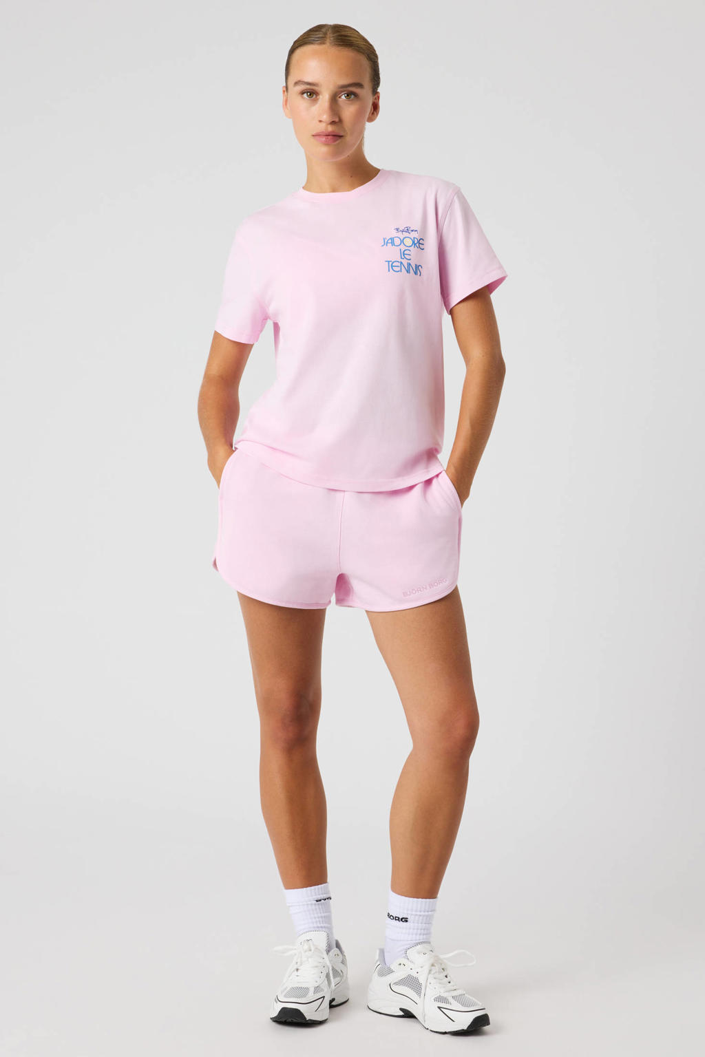 Roze dames Björn Borg T-shirt van katoen met logo dessin, korte mouwen en ronde hals