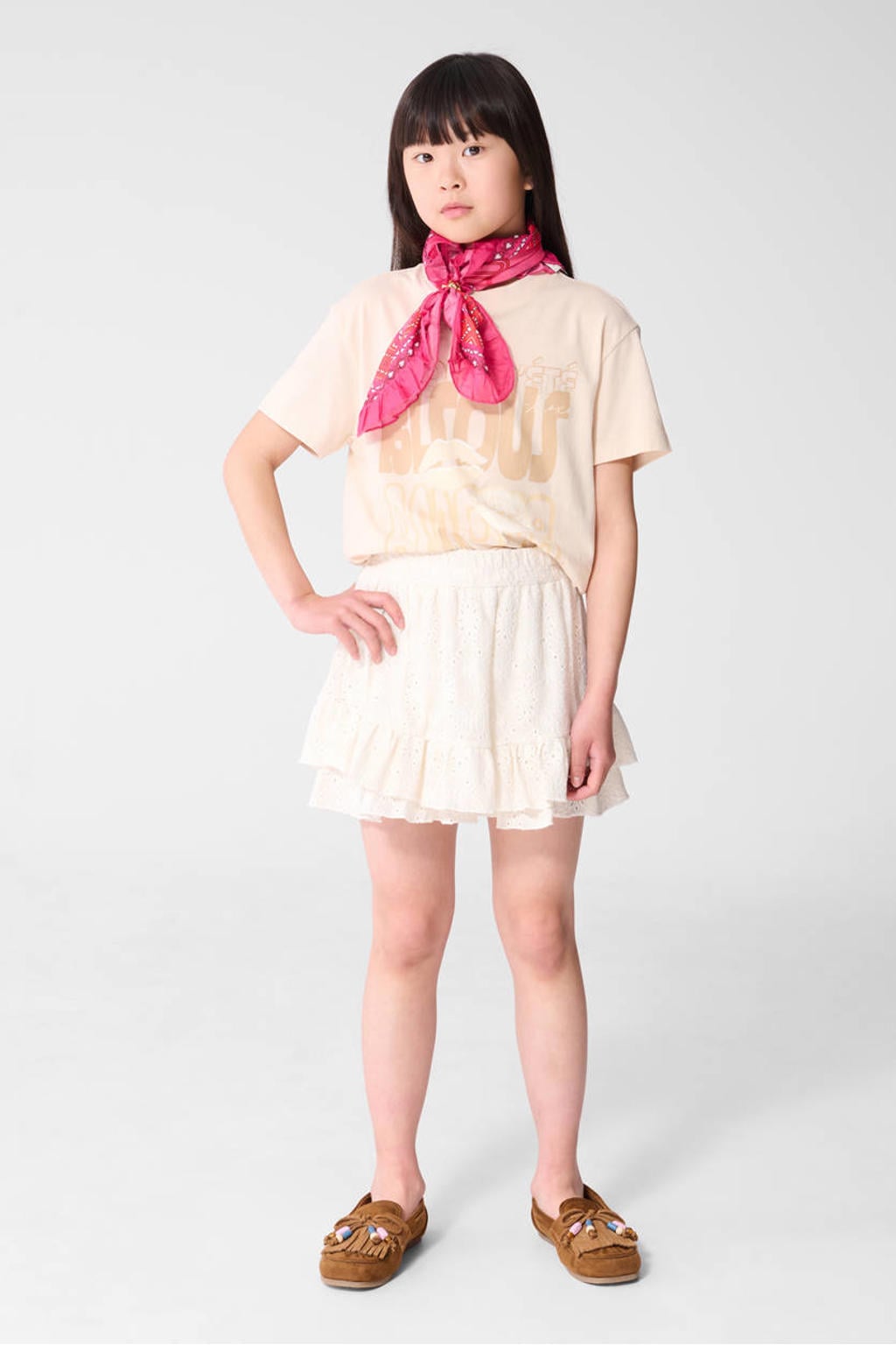 Ecru meisjes Shoeby T-shirt van katoen met printopdruk, korte mouwen en ronde hals