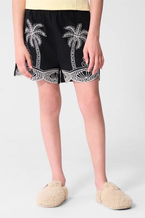 high waist casual short zwart broderie