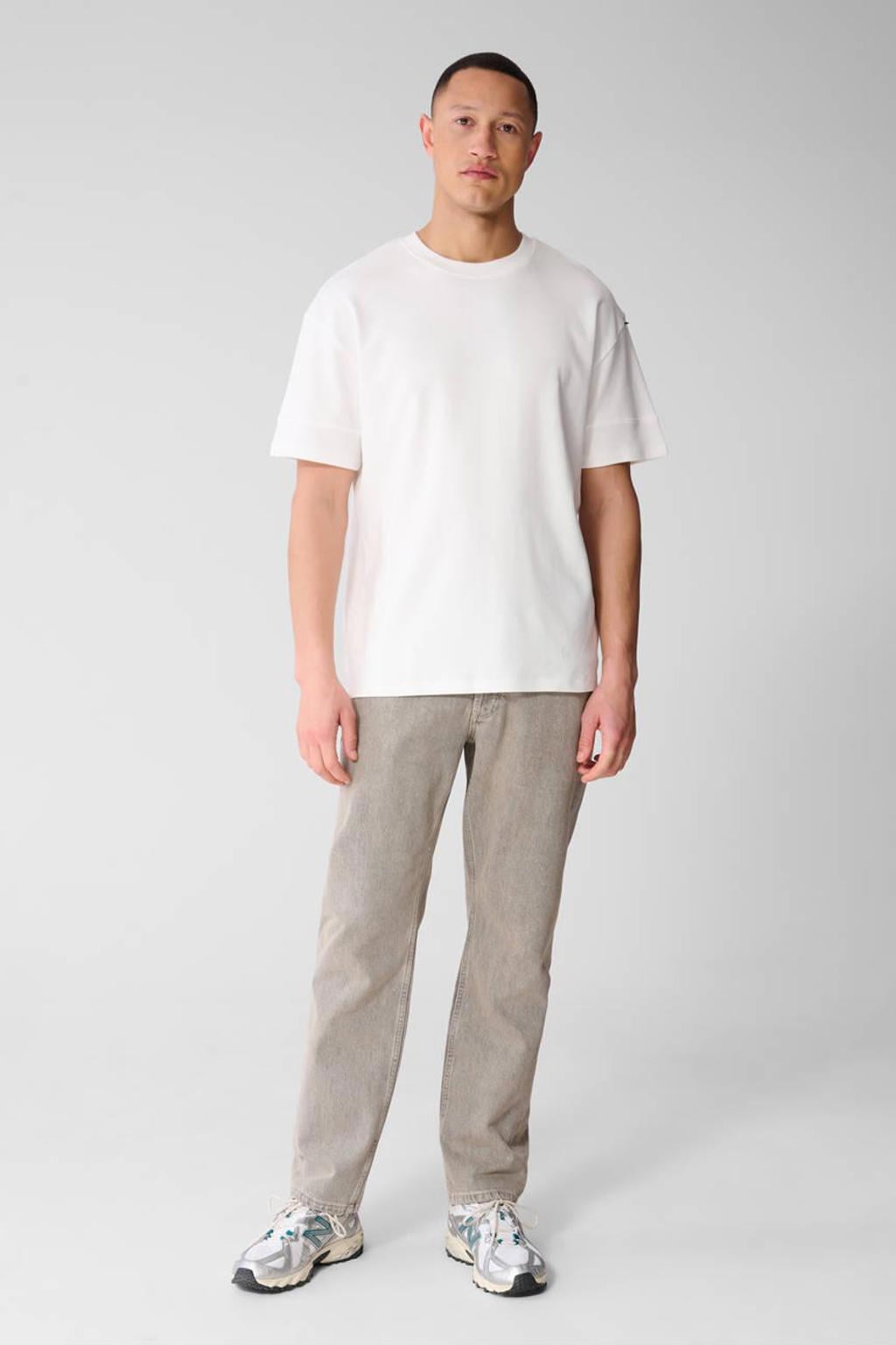 Witte heren Shoeby Studio relaxed T-shirt van katoen met effen, korte mouwen en ronde hals