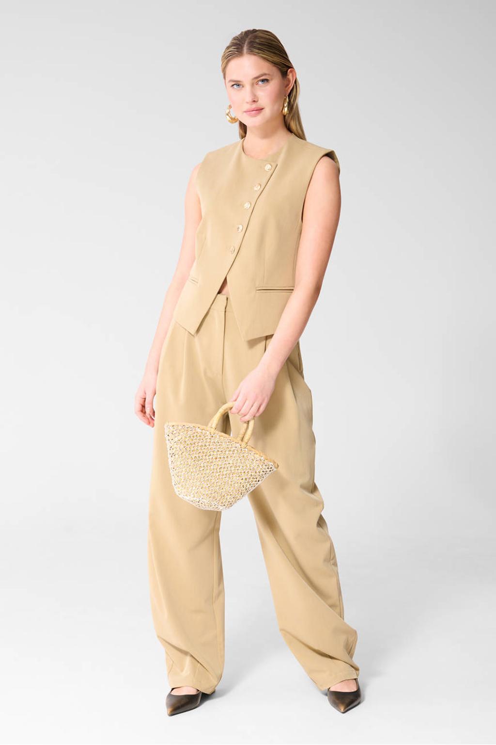 Beige dames Shoeby gilet van polyester met effen, ronde hals en knoopsluiting