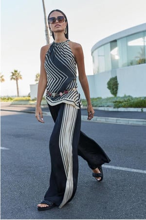 high wide leg broek met print - zwart