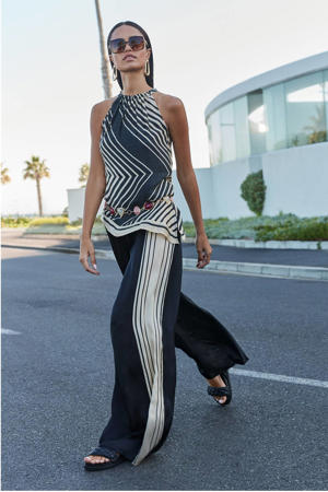 high wide leg broek met print - zwart