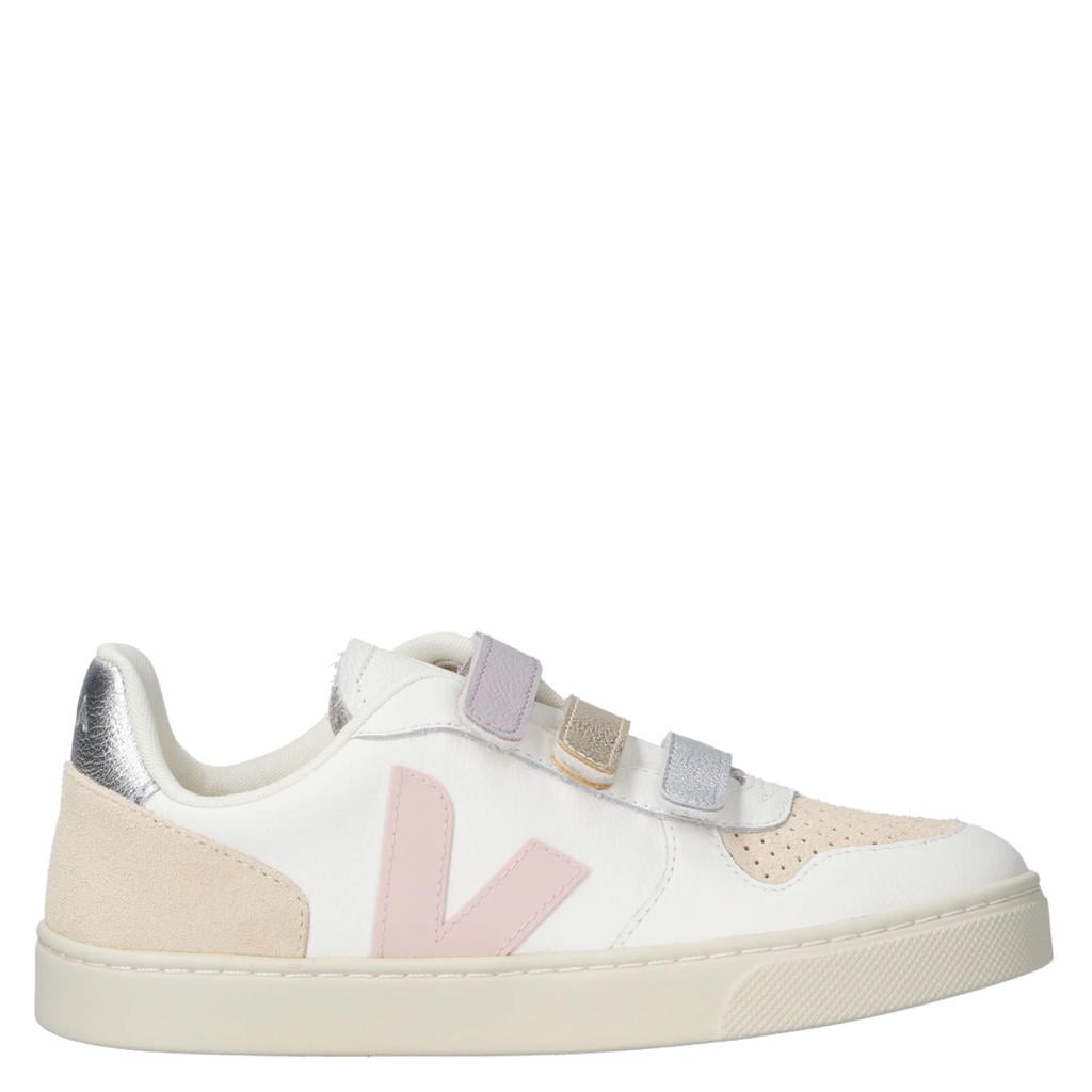 Witte meisjes Veja Small V-10 leren sneakers met klittenband