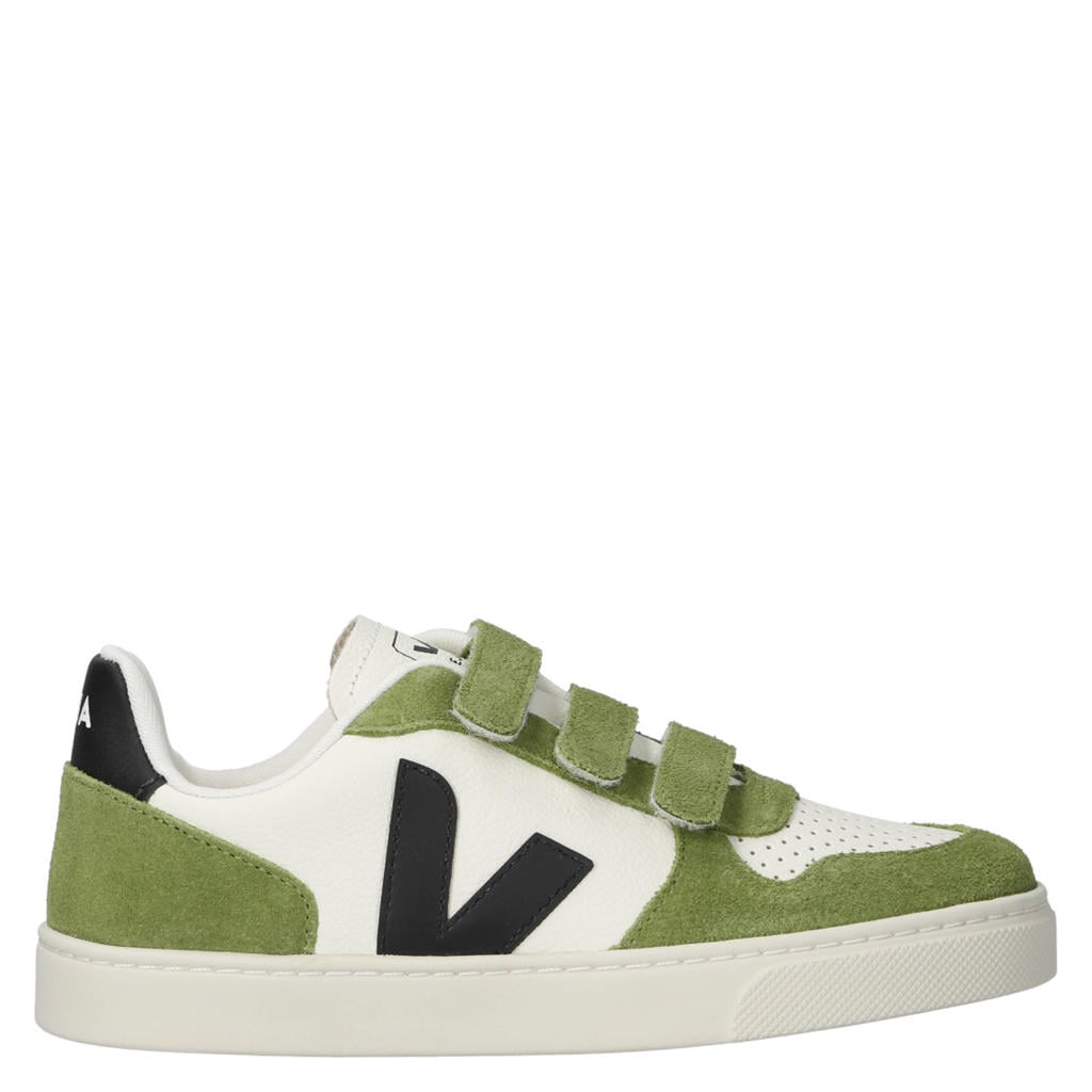 Wit en groene meisjes Veja Small V-10 leren sneakers met klittenband