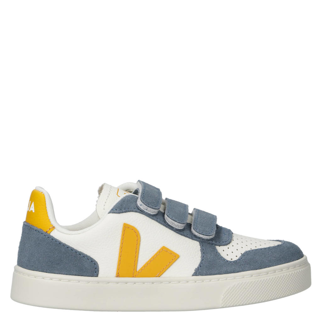 Wit, blauw en gele meisjes Veja leren sneakers met klittenband