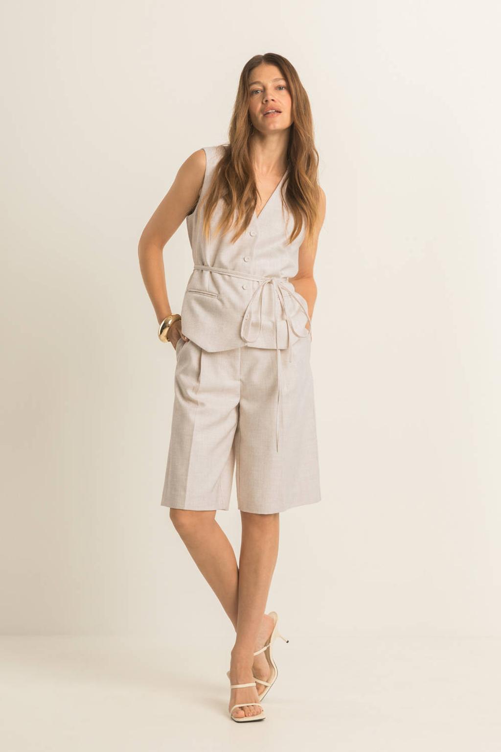 Ecru dames Expresso gilet van lyocell met effen, V-hals, knoopsluiting en ceintuur