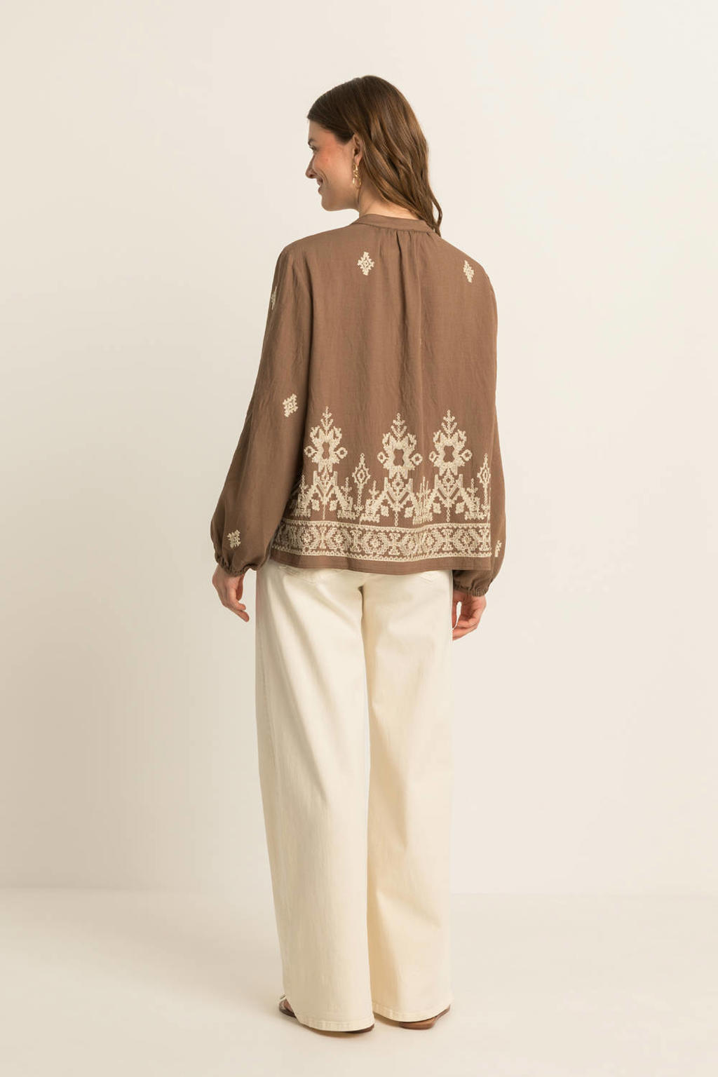 Groene dames Expresso blouse van katoen met effen, lange mouwen, klassieke kraag en borduursels