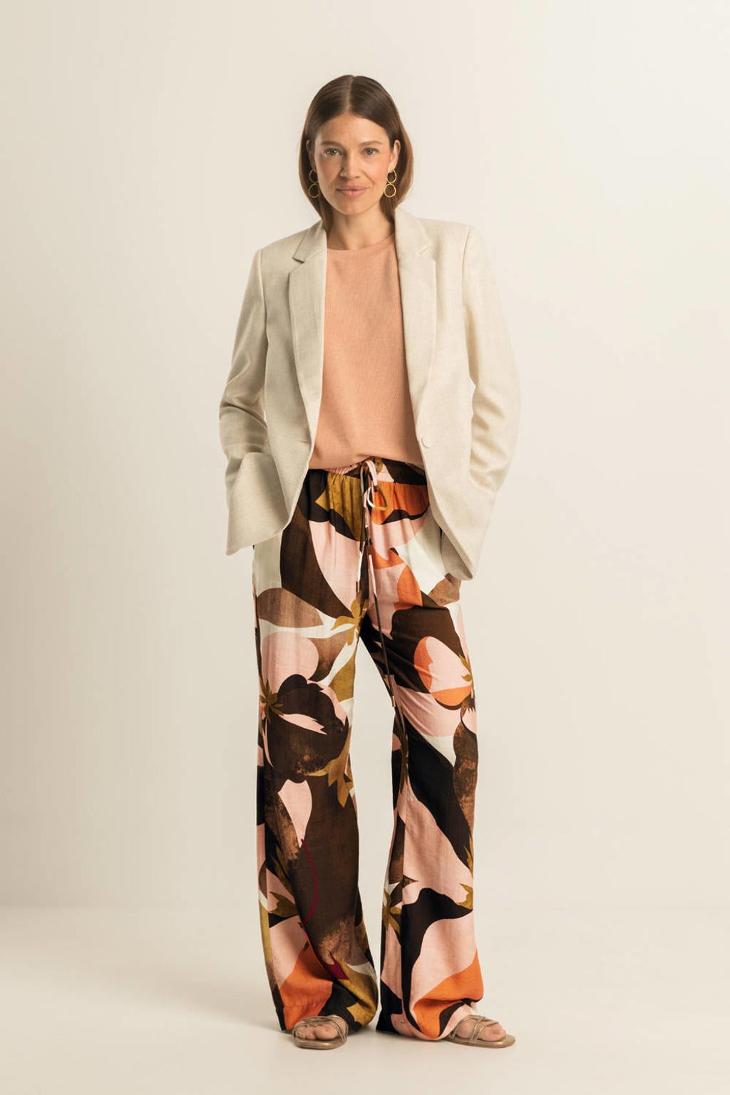 Multikleurige dames Expresso wide leg high waist broek van viscose met elastische tailleband met koord
