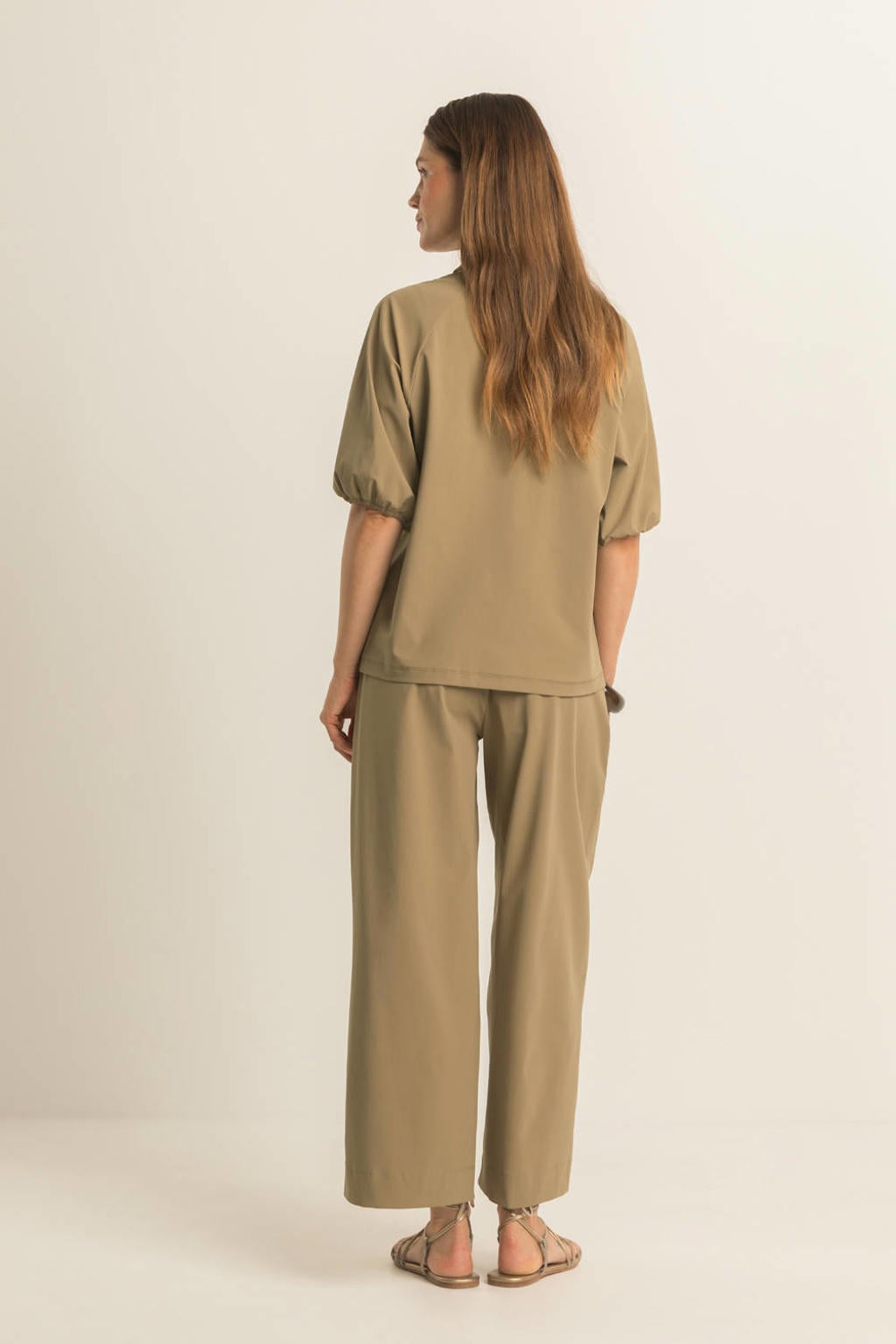 Groene dames Expresso wide leg broek travelstof met high waist en effen