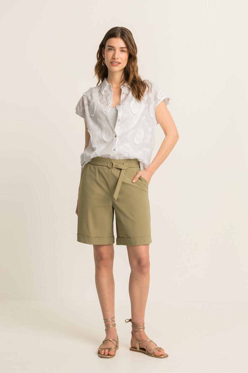 Groene dames Expresso chino short travelstof met regular fit, high waist, elastische tailleband en effen