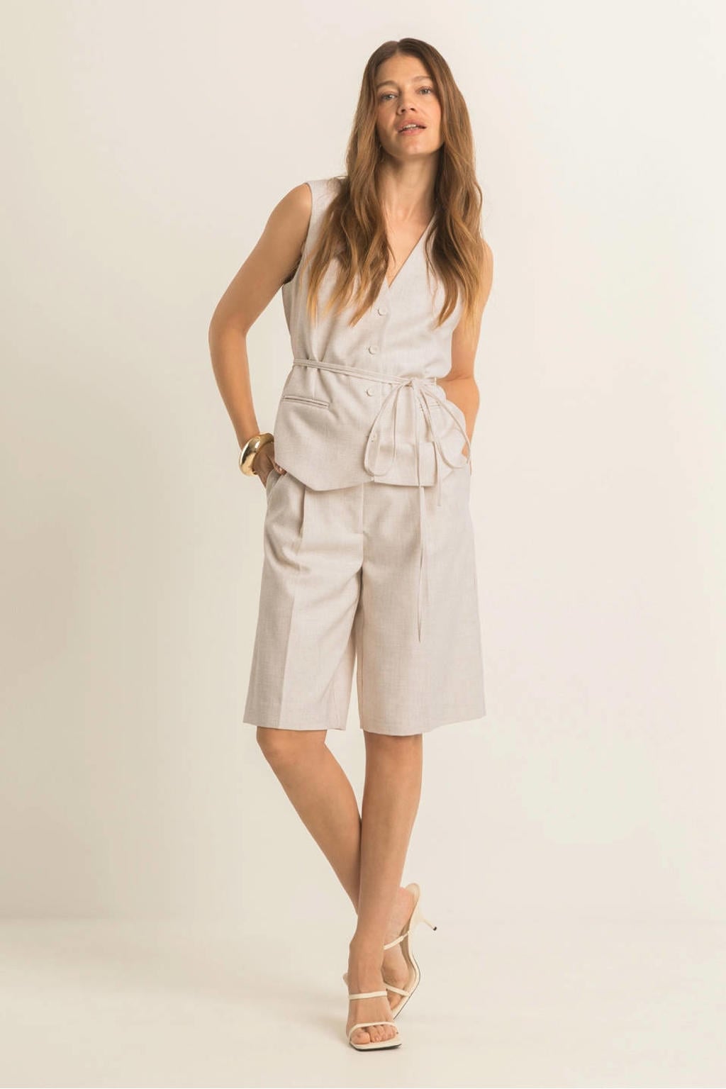 Ecru dames Expresso wide leg high waist bermuda short met rits, haak- en knoopsluiting en effen