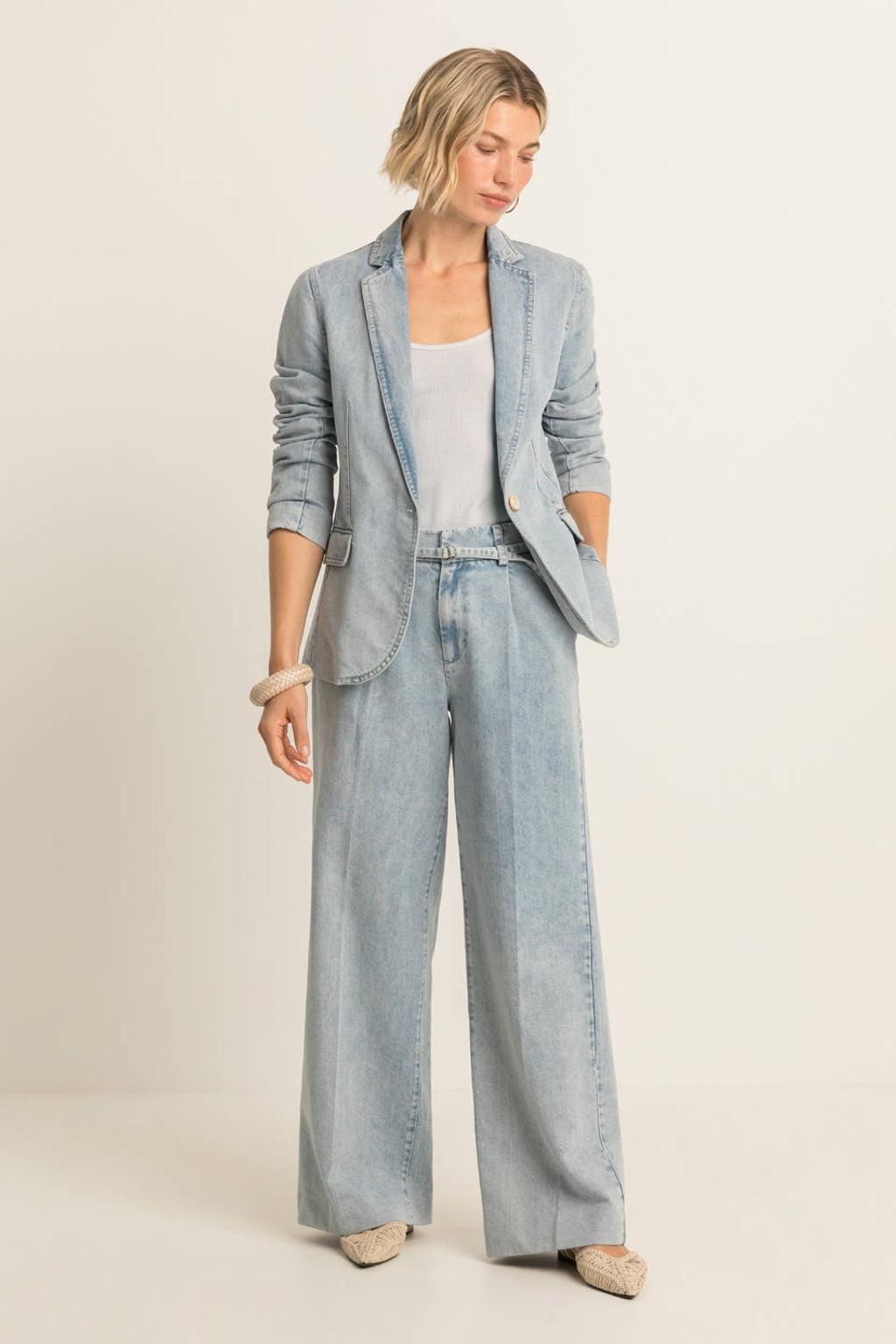 Light blue denim dames Expresso regular blazer van denim met effen, lange mouwen, reverskraag, knoopsluiting en geweven detail