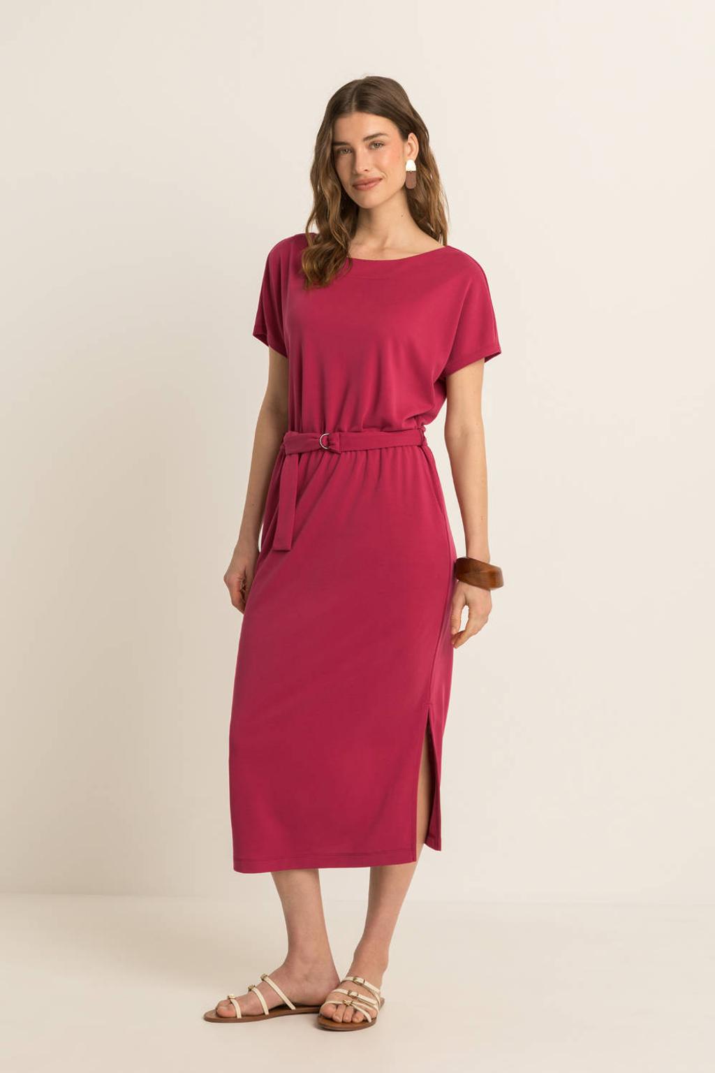 Rode dames Expresso midi jurk van viscose met effen, korte mouwen en ronde hals
