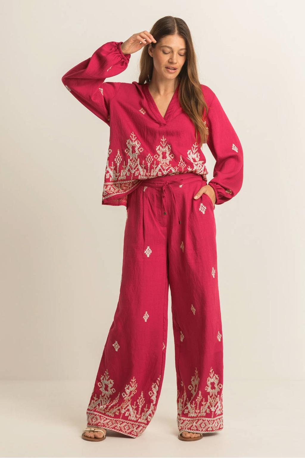 Rood en ecru dames Expresso wide leg high waist broek van katoen met elastische tailleband met koord