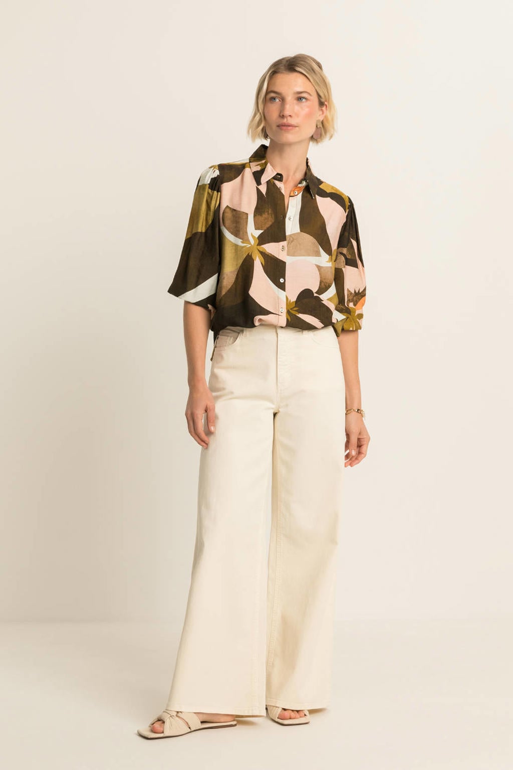 Multikleurige dames Expresso blouse van viscose met driekwart mouwen, klassieke kraag, knoopsluiting en geweven detail