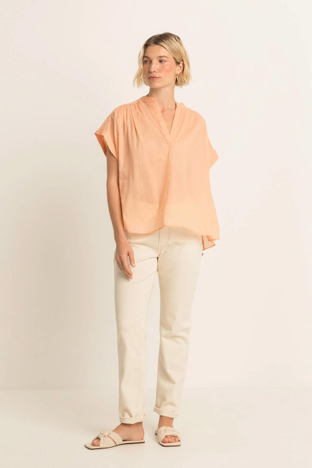 Oranje dames Expresso blousetop van katoen met effen, korte mouwen, V-hals en geweven detail