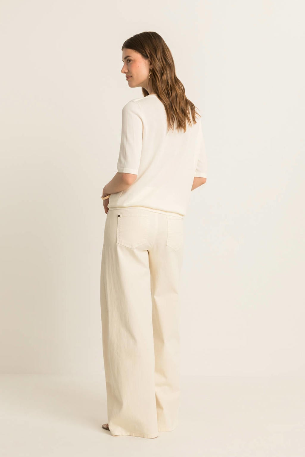 Ecru dames Expresso trui gebreid van viscose met effen, lange mouwen en boothals