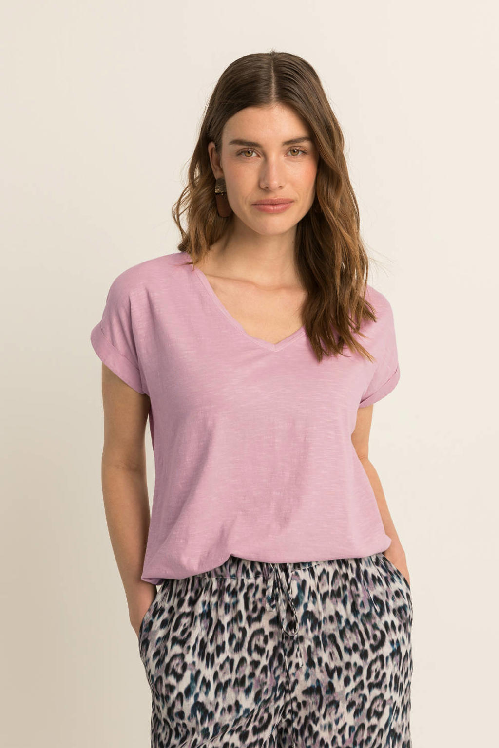 Roze dames Expresso top gebreid met effen, korte mouwen en V-hals