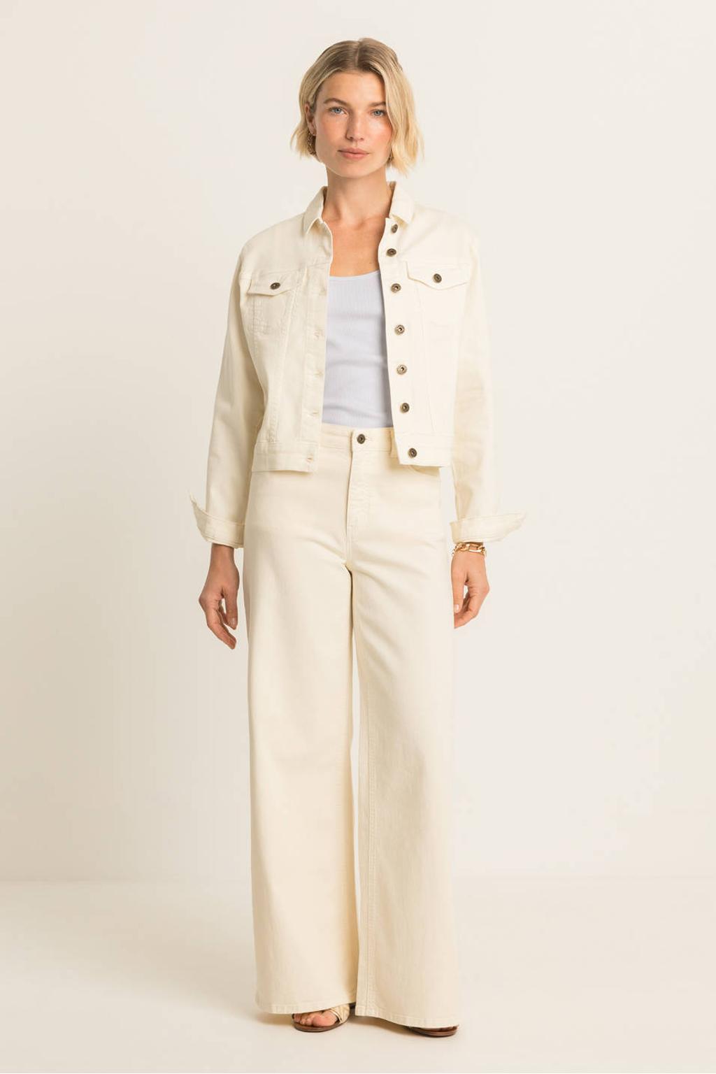 Crème dames Expresso high waist wide leg jeans crème van denim met rits- en knoopsluiting en effen