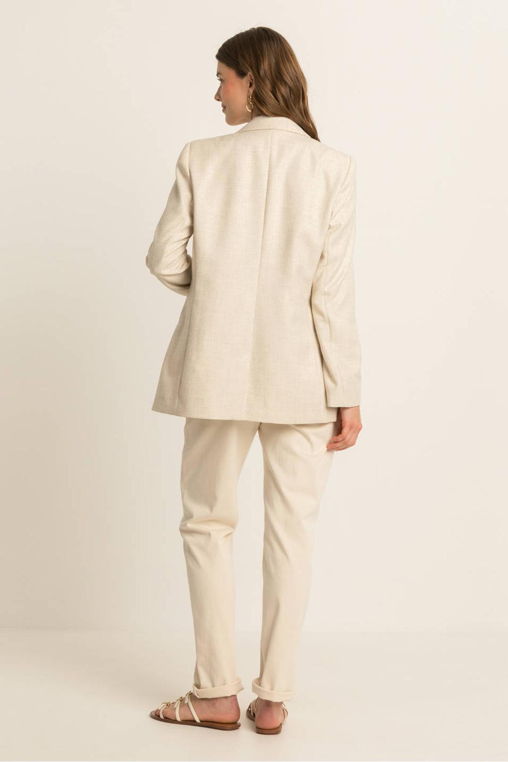 Ecru dames Expresso oversized blazer van polyester met effen, lange mouwen, reverskraag, knoopsluiting en geweven detail