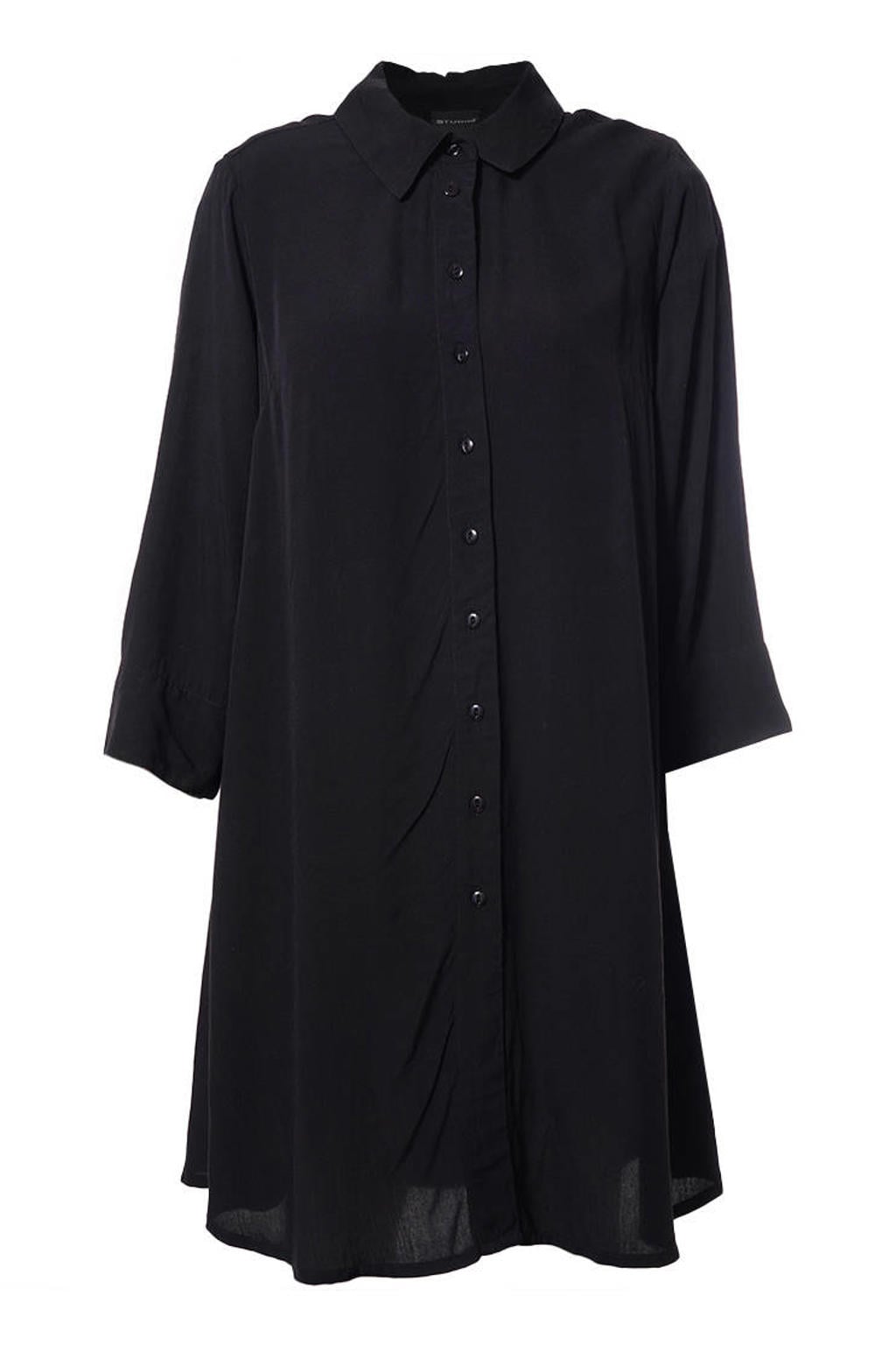 Zwarte dames STUDIO tuniek van viscose met effen, lange mouwen, klassieke kraag en knoopsluiting