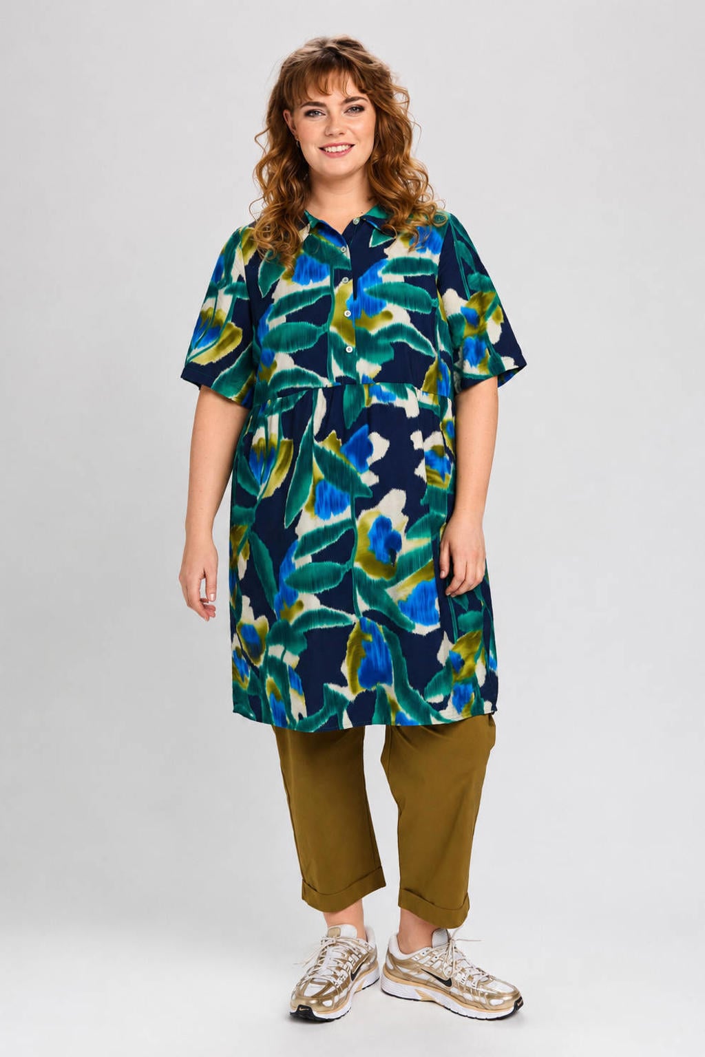 Donkerblauwe dames STUDIO blousejurk Plus Size van viscose met korte mouwen, klassieke kraag en knoopsluiting
