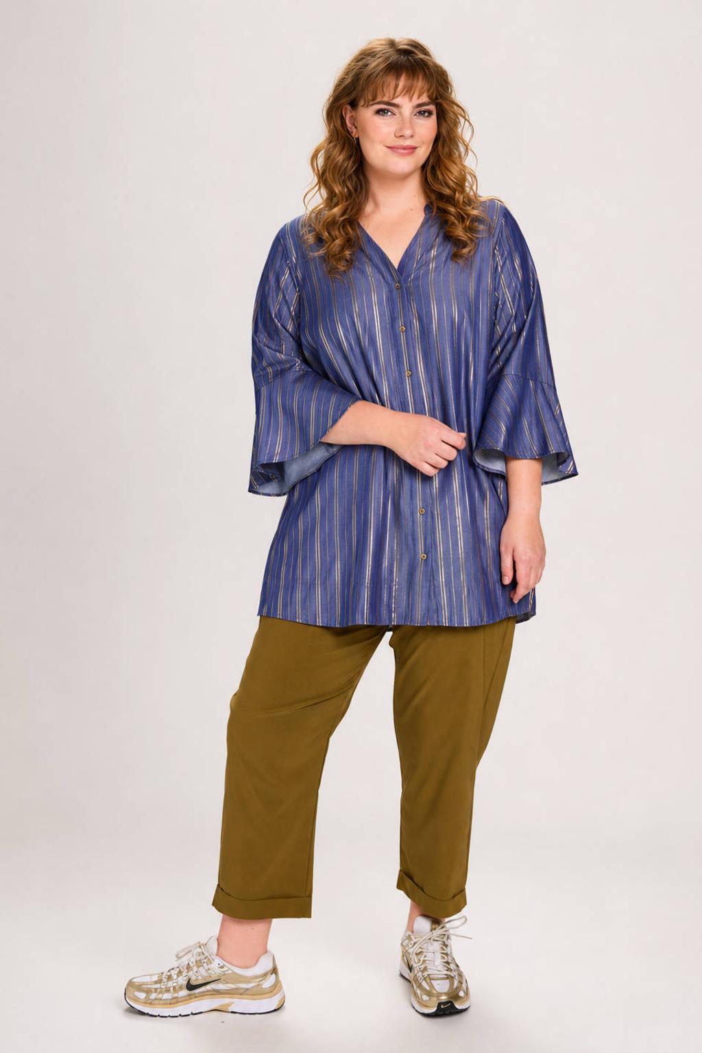 Blauwe dames STUDIO gestreepte blouse Plus Size van viscose met korte mouwen, klassieke kraag en knoopsluiting