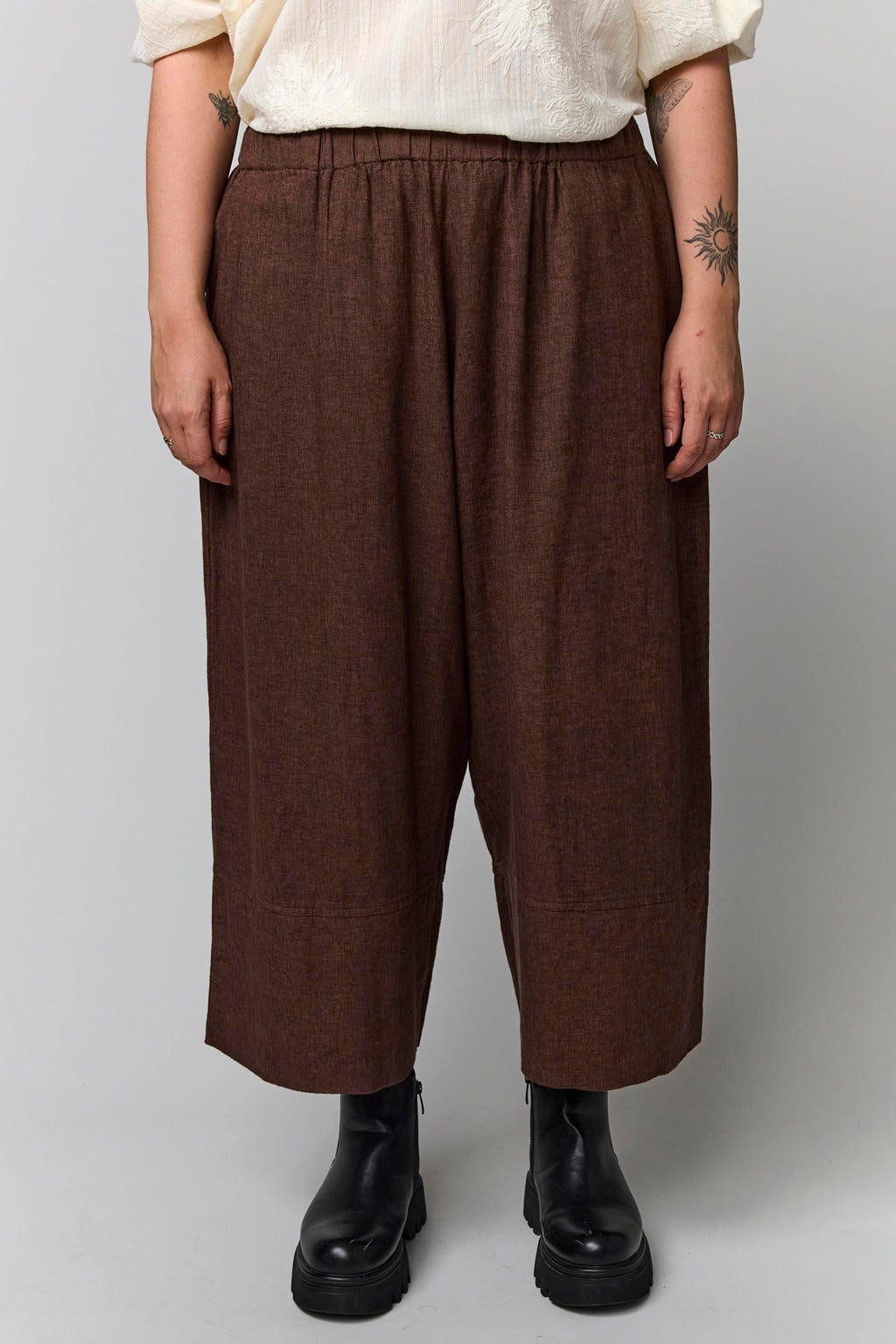 Bruine dames Gozzip linnen wide leg broek met high waist en effen