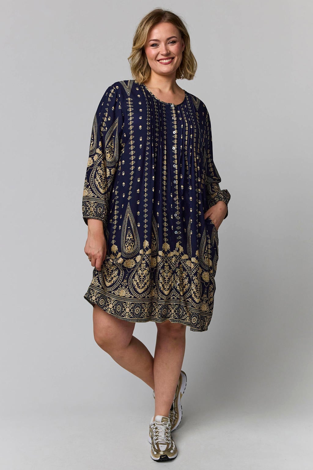Donkerblauwe dames Gozzip tuniek Plus Size van viscose met lange mouwen en knoopsluiting