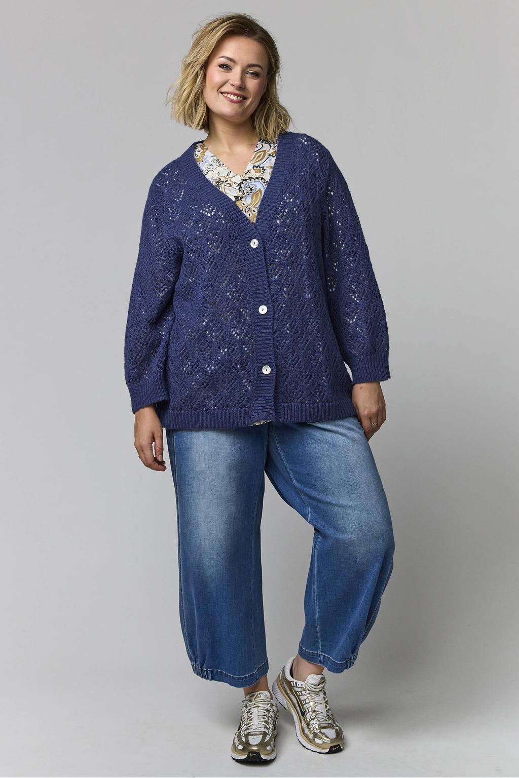 Donkerblauwe dames Gozzip gebreid vest van wol met effen, lange mouwen, V-hals en knoopsluiting
