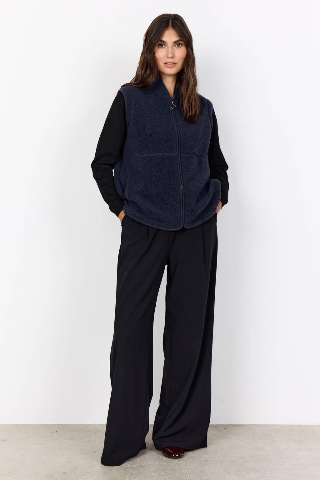 Donkerblauwe dames Soyaconcept teddy gilet met effen, reverskraag en knoopsluiting