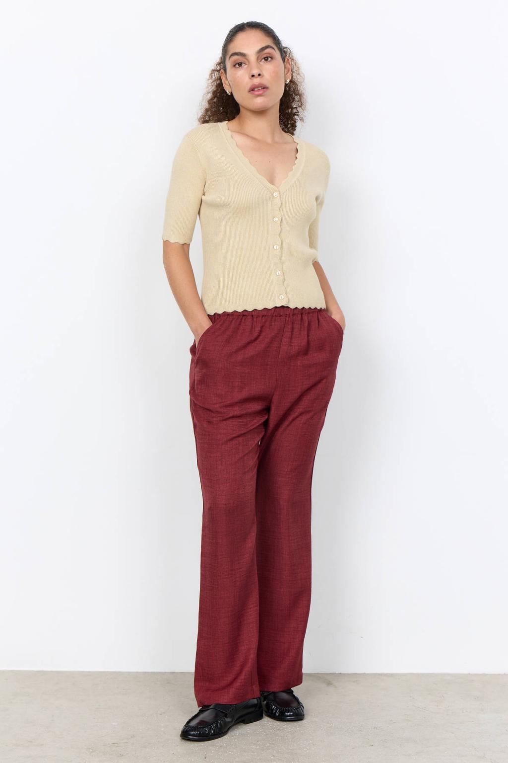 Rode dames Soyaconcept straight regular waist broek van polyester met elastische tailleband en effen