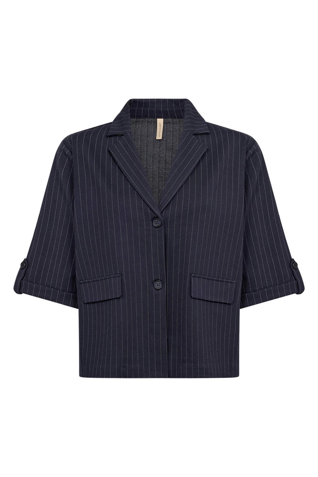 Donkerblauwe dames Soyaconcept cropped blazer van viscose met krijtstreepprint, korte mouwen, reverskraag en knoopsluiting