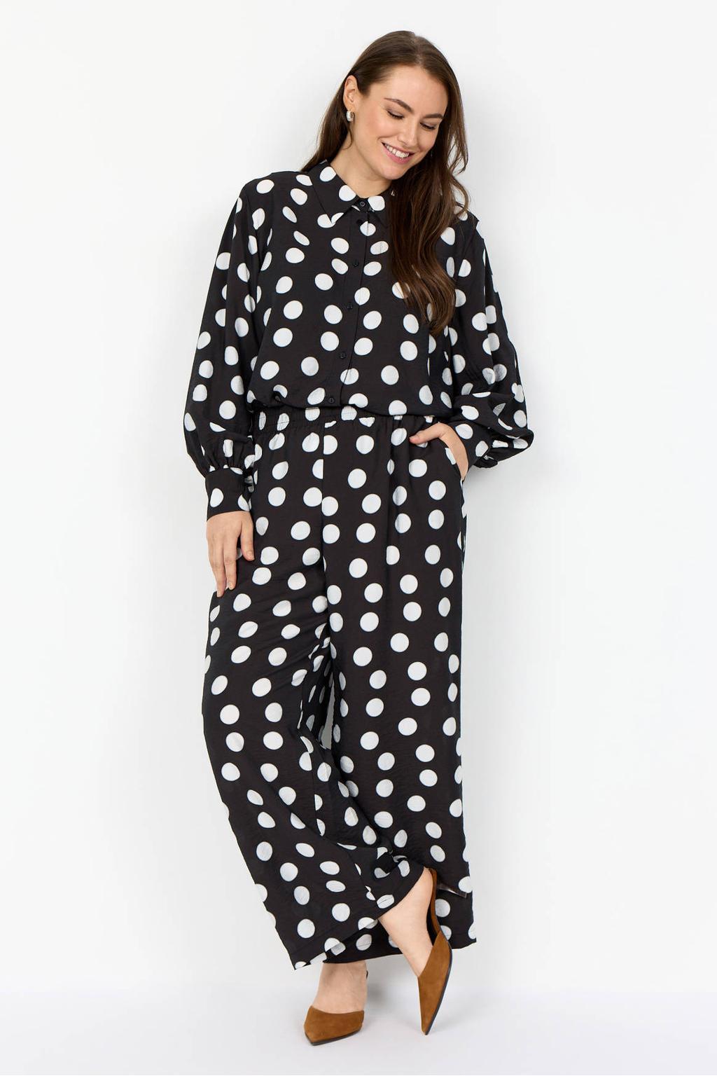 Zwart en witte dames Wasabiconcept top Plus Size van viscose met stippenprint, lange mouwen en klassieke kraag