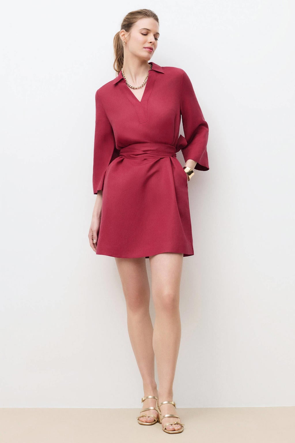 Fuchsia dames Caroll linnen cocktailjurk met effen, lange mouwen, V-hals en striksluiting