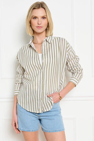 gestreepte blouse met linnen lichtkaki
