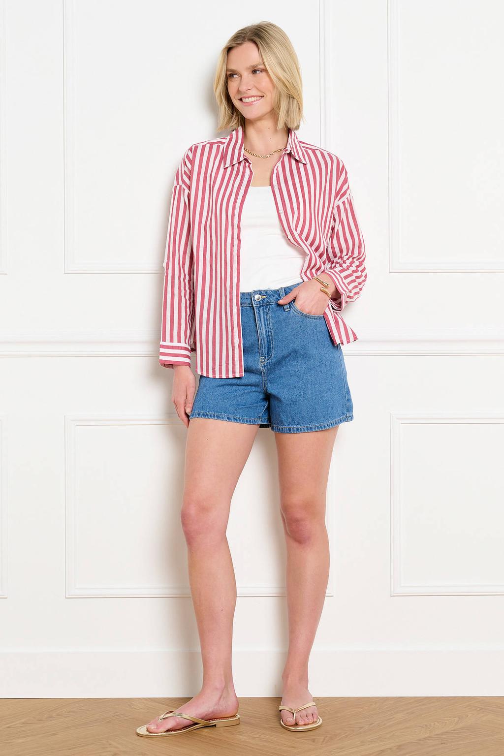 Roze en ecru dames LOLALIZA gestreepte blouse van linnen met lange mouwen, klassieke kraag en knoopsluiting