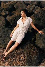 thumbnail: Ecru dames LOLALIZA wide leg regular waist bermuda short met rits- en knoopsluiting en effen