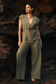 thumbnail: Kakikleurige dames LOLALIZA wide leg high waist broek van viscose met effen