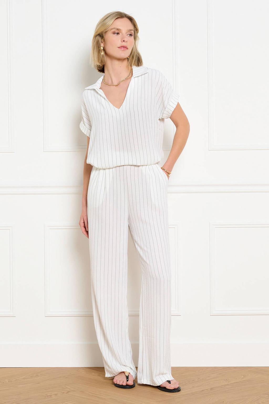 Ecru en grijze dames LOLALIZA straight regular waist gestreepte broek van polyester met elastische tailleband