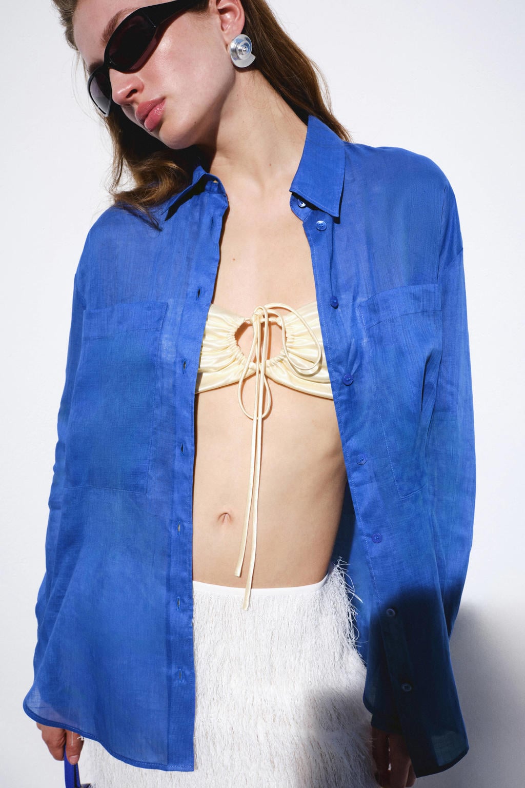 Blauwe dames Mango blouse van ramie met effen, lange mouwen, klassieke kraag en knoopsluiting