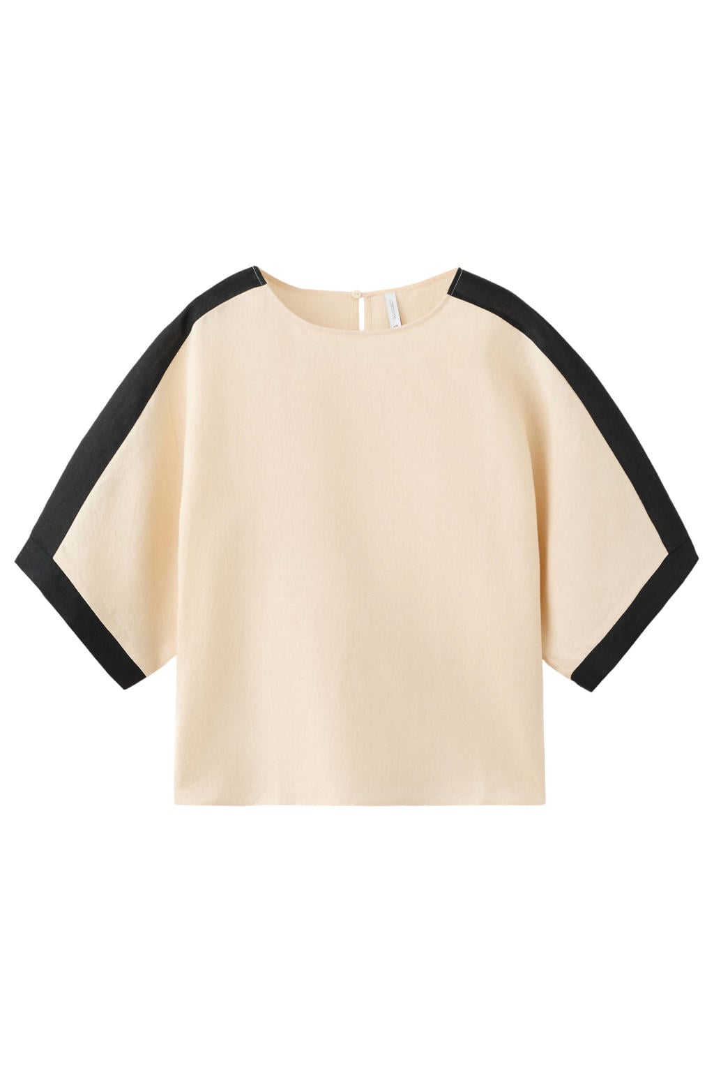 Beige en zwarte dames Mango linnen blousetop met effen, driekwart mouwen en ronde hals