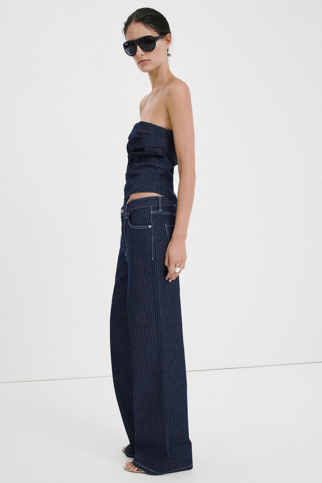 Medium blue denim dames Mango gestreepte straight leg jeans van denim met rits- en knoopsluiting