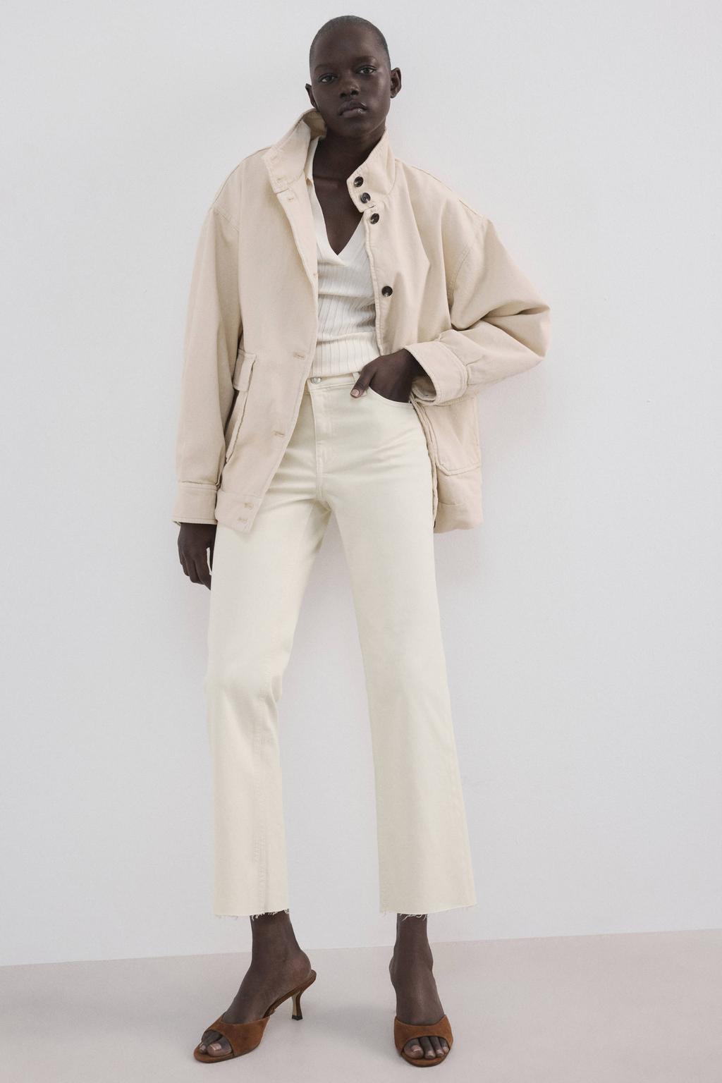 Crème dames Mango wide leg jeans crème van denim met rits- en knoopsluiting en effen