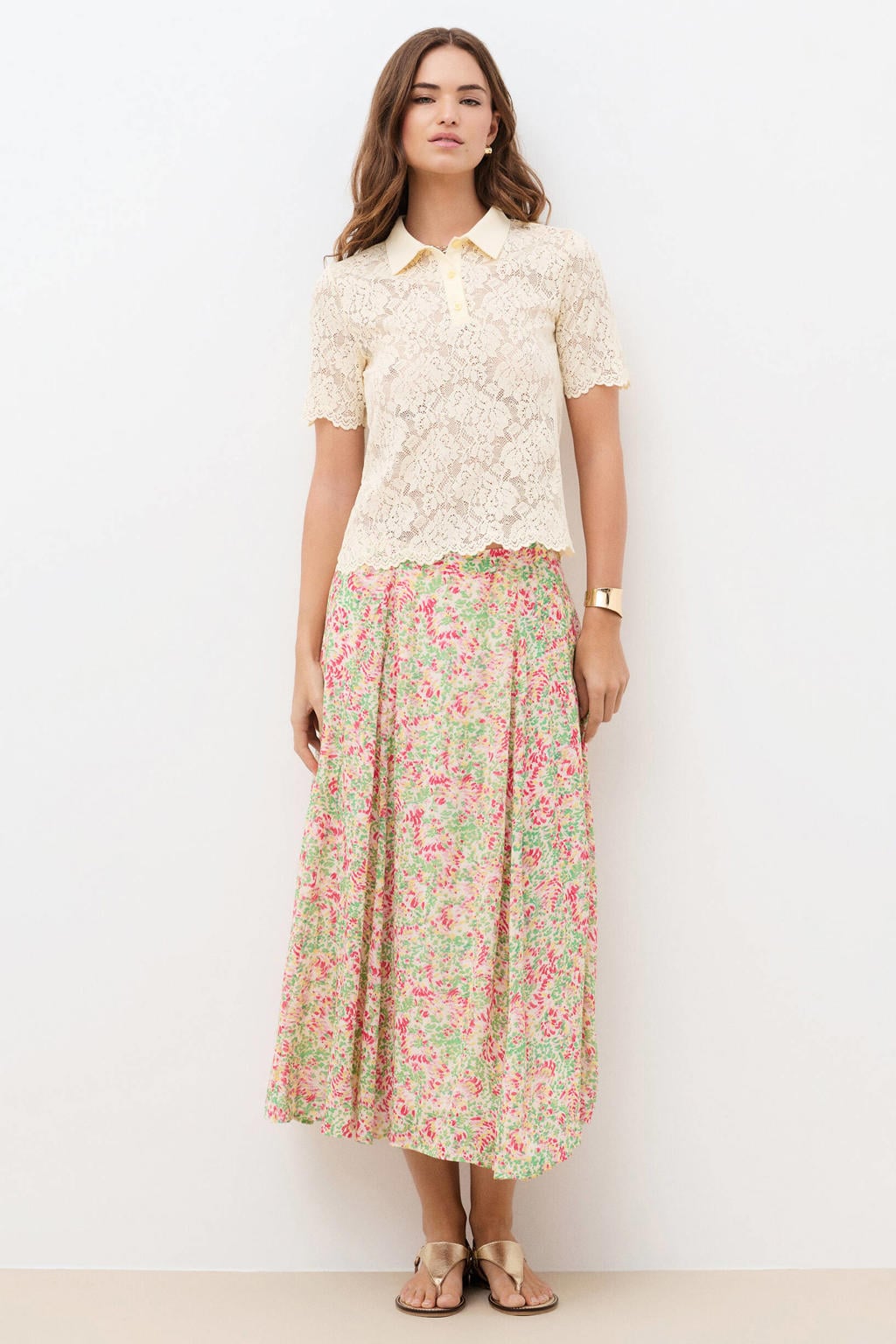Beige dames Caroll kanten top van polyester met bloemenprint, korte mouwen en polo kraag