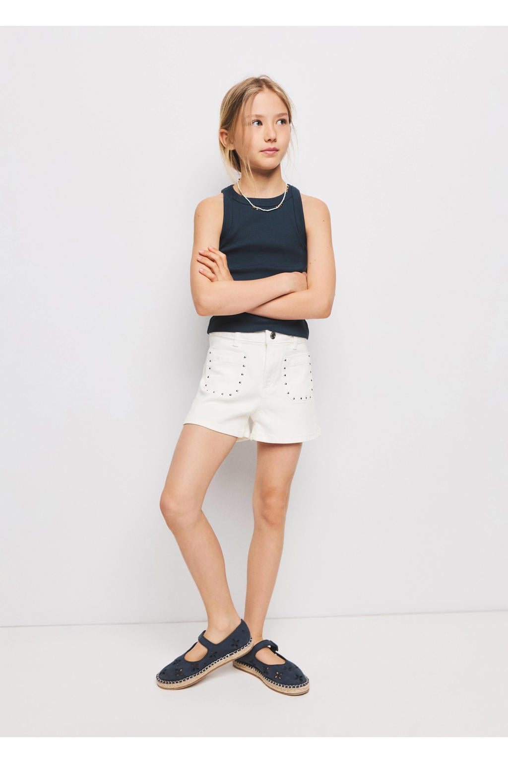 Witte meisjes Mango Kids short van denim met rits- en knoopsluiting en effen