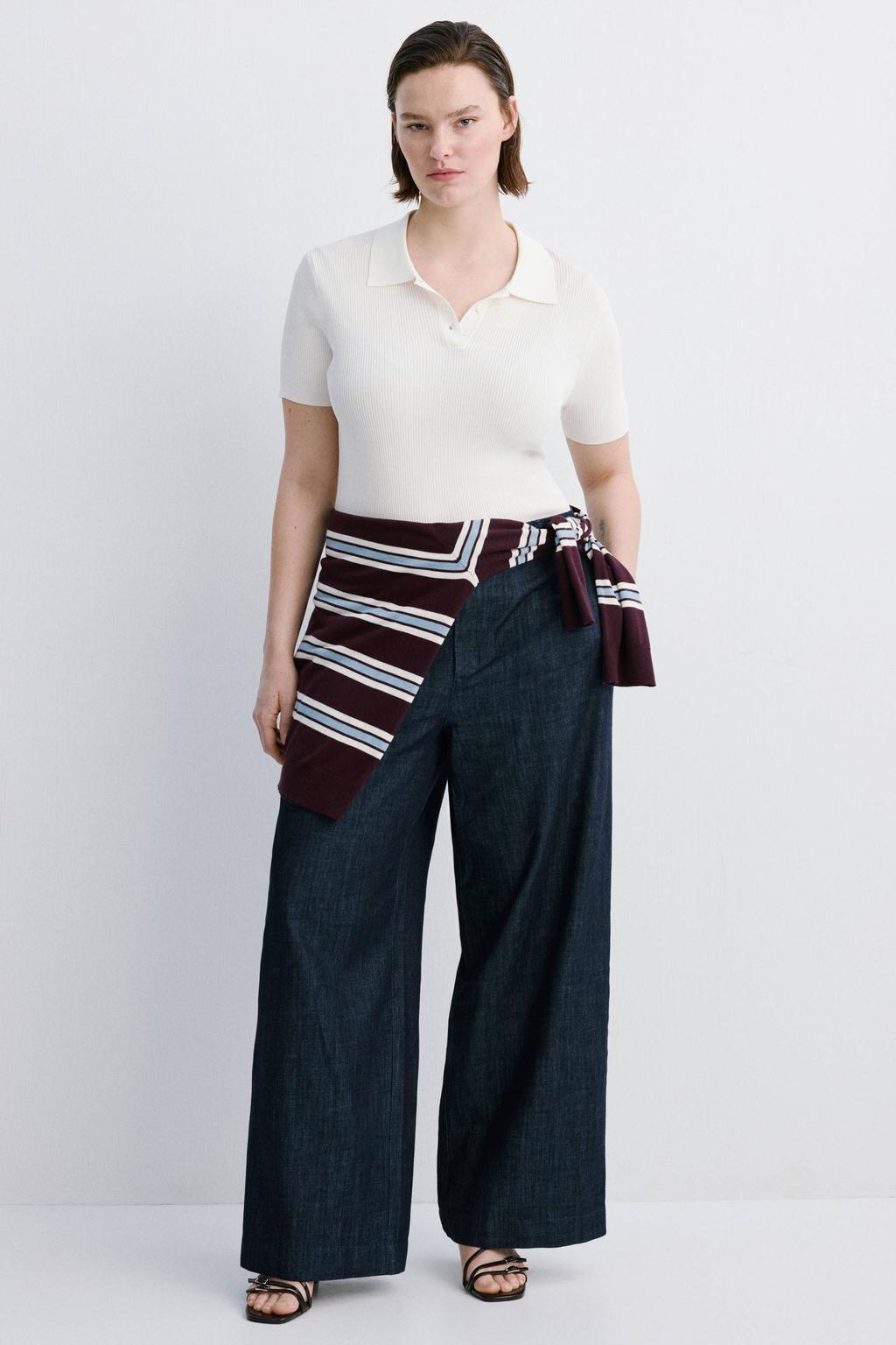 Donkerblauwe dames Mango wide leg high waist broek van katoen met rits- en knoopsluiting en effen