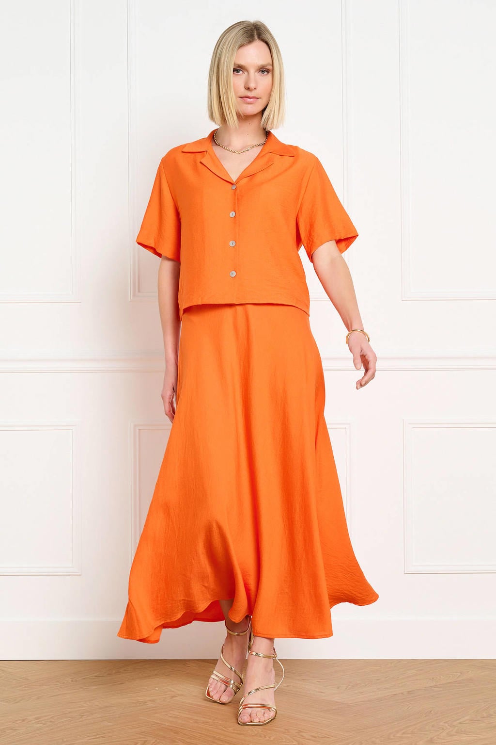 Oranje dames LOLALIZA midi rok gemaakt van viscose en met elastische tailleband