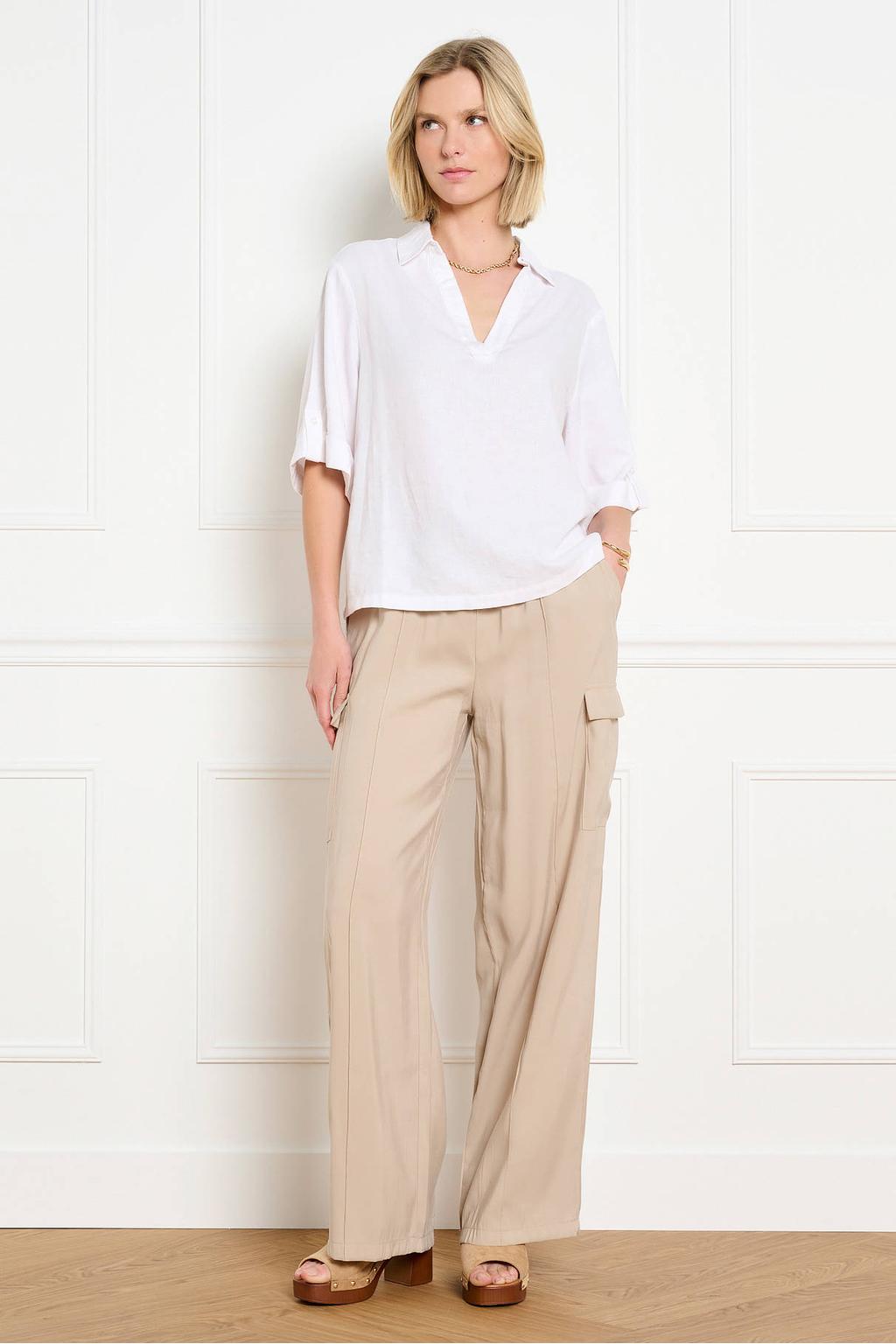 Ecru dames LOLALIZA blouse van linnen met effen, half lange mouwen en klassieke kraag